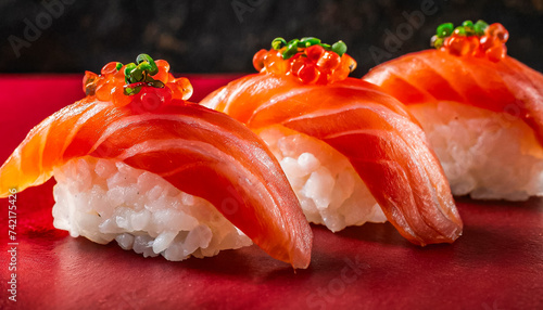Sushi, salmon sushi. close up shot of salmon sushi, japanese food, red food