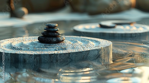 Close-up fountain, pen, and pipe amidst balanced stones, isolated in a spa Zen concept with pebble stack, metal, water, and old rock harmony