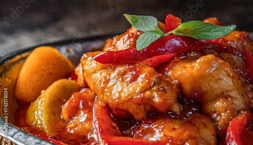 close up shot of Sweet and sour chicken with colorful bell pepper on a plate, chinese food, thai food photo