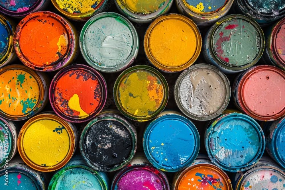 colorful array of paint cans - top view colorful array of paint cans - top view