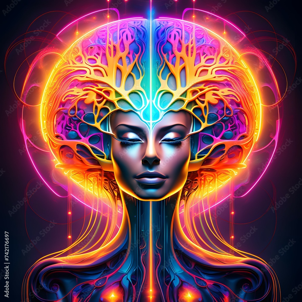 A colourful surreal artistic rendering of a female bust with multicoloured glowing lines or rays depicting energy fields emanating from the head, illustration of mind power, brain power, intelligence,