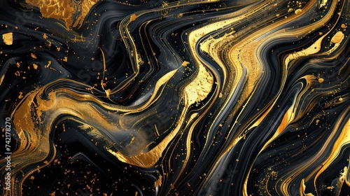 Abstract luxury swirling black and gold background, featuring elegant waves of gold