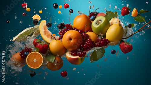 Fruit Splash  Falling colorful Fruits cascading into a watery splash  straight view and turquoise background