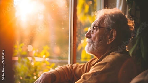 Elderly man looking out the window at sunset. Concept of old age and happiness.