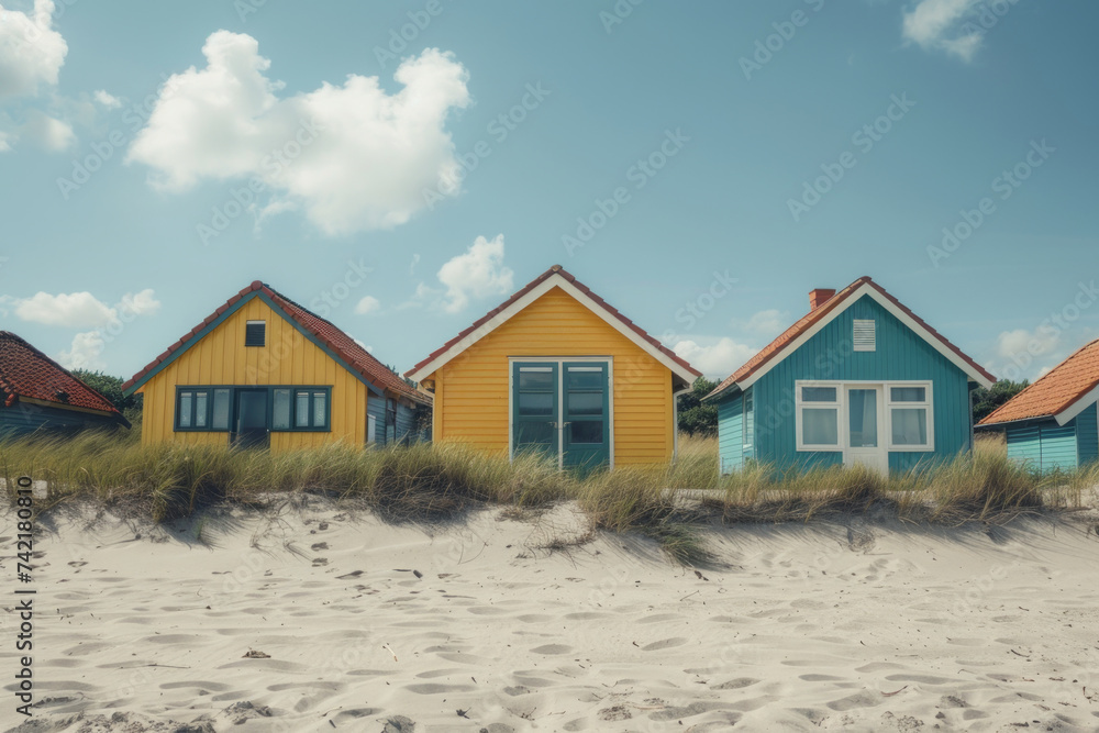 Colorful and lovely beach houses in a raw, along with the beach on sandy dunes, blue sky and white clouds on the background, idyllic feeling infusting by cinematography effect. Colorful and lovely beach houses in a raw, along with the beach on sandy dunes, blue sky and white clouds on the background, idyllic feeling infusting by cinematography effect.