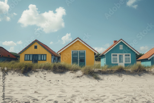 Colorful and lovely beach houses in a raw, along with the beach on sandy dunes, blue sky and white clouds on the background, idyllic feeling infusting by cinematography effect.