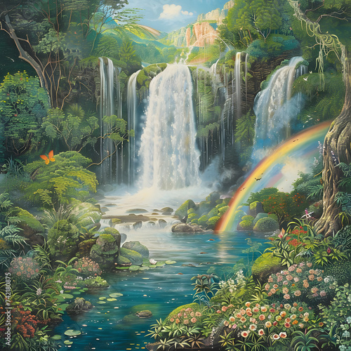 Conjure a detailed mental image contemplating awaterfall viewed from a proper perspective where cas Generative AI