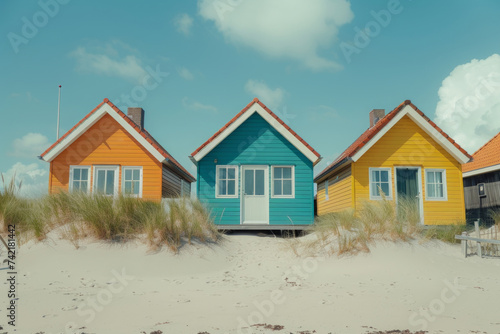 Colorful and lovely beach houses in a raw, along with the beach on sandy dunes, blue sky and white clouds on the background, idyllic feeling infusting by cinematography effect.