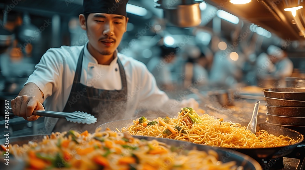A professional Asian chef prepares various Chinese dishes in the kitchen of an expensive restaurant A professional Asian chef prepares various Chinese dishes in the kitchen of an expensive restaurant