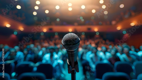 A single microphone on a stand is highlighted by a spotlight against a blurred background of an auditorium filled with an expectant audience, suggesting a live performance or speech.