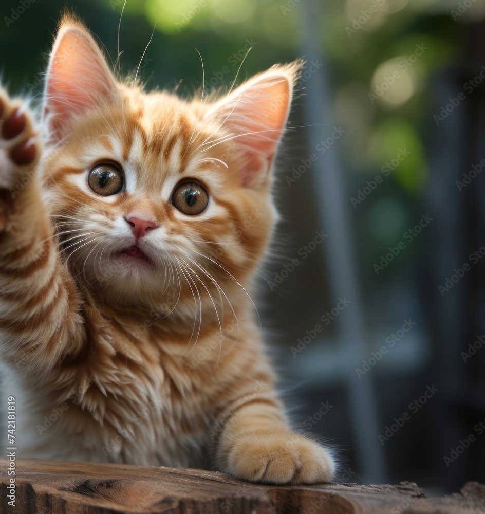 Small Orange Kitten Standing on Wooden Table Generative AI