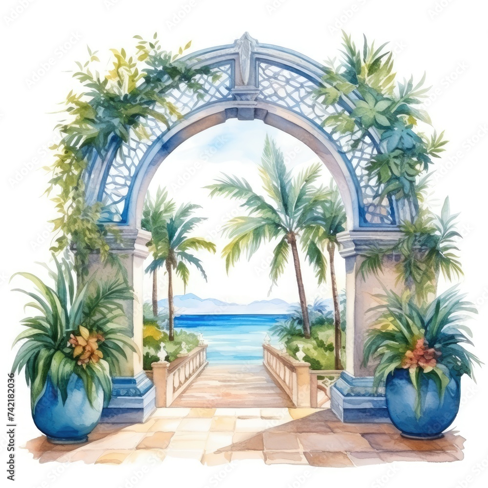 Fototapeta premium A painting featuring a vivid tropical scene with multiple palm trees under a clear sky, depicting a lush and vibrant environment.