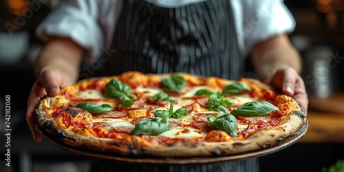 Food concept. A happy professional chef presents freshly prepared pizza from the oven