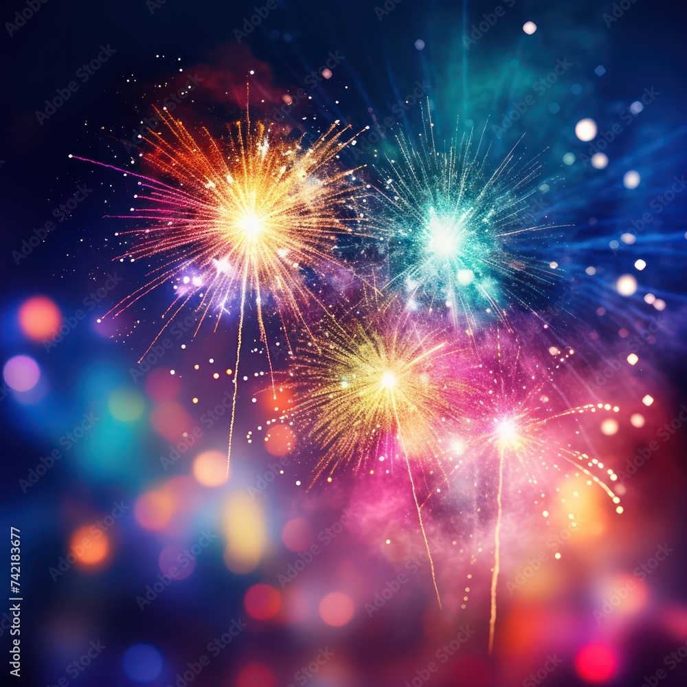 Naklejka premium illustration - colorful fireworks in the night sky, bokeh blur background, out of focus city lights, background image.