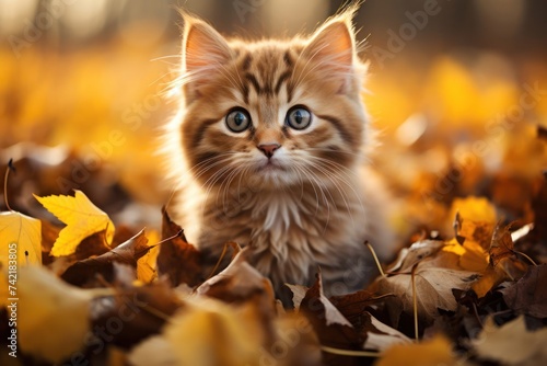 Kitten With Blue Eyes Sitting in Pile of Leaves Generative AI