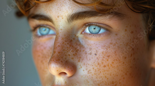 Closeup of an adolescents acneprone skin a sign of the hormonal changes that come with puberty. photo