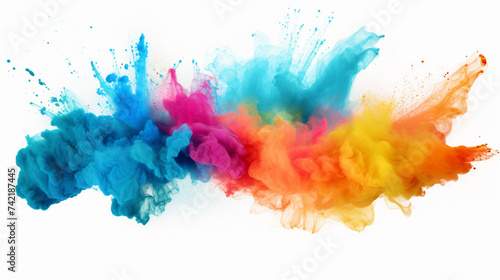 Freeze motion of colored powder explosions isolated on white background 