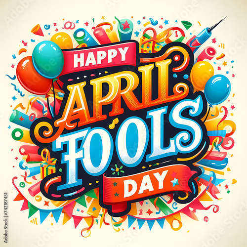 April Fools Day lettering typography on red background for greeting card, ad, promotion, poster, article, marketing, signage, email. Vector illustration.