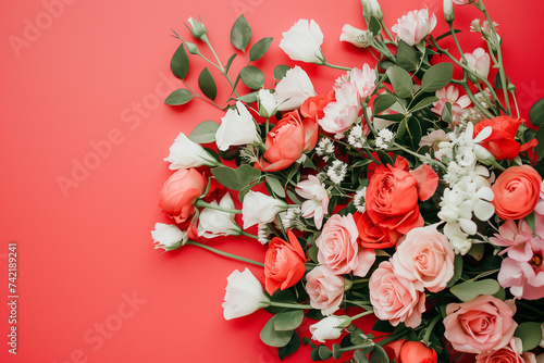 Bouquet of pink and orange pink roses and eucalyptus on a pink background.
