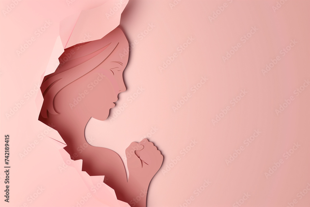 Women's Day poster with woman silhouette in paper cut and copy space, 3D illustration. Girl face poster for feminism, independence, freedom, empowerment, activism for women rights. Women's Day poster with woman silhouette in paper cut and copy space, 3D illustration. Girl face poster for feminism, independence, freedom, empowerment, activism for women rights.