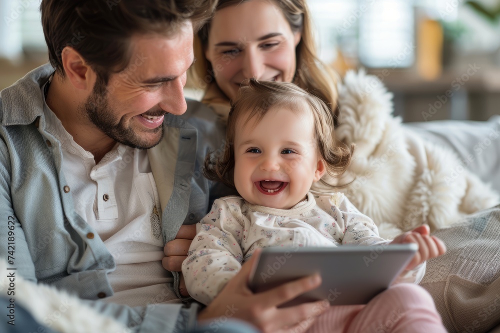Happy young multi-racial couple sitting on the couch with cute babies playing digital tablets Happy young multi-racial couple sitting on the couch with cute babies playing digital tablets
