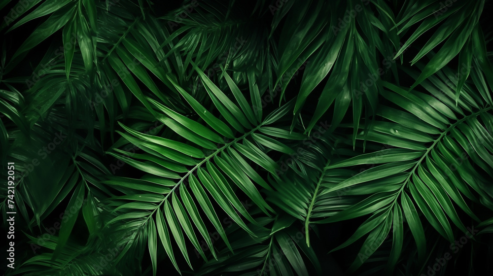 closeup nature view of green leaf and palms background 