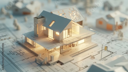 architectural house model atop a blueprint drawing, this banner layout is ideal for building construction plans, real estate sales, or conceptualizing ideas for a bank loans