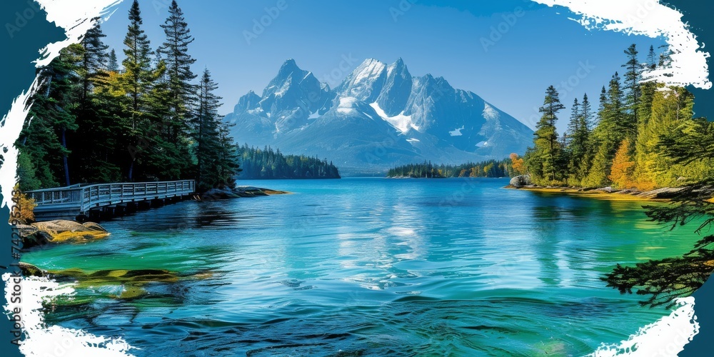 Mountain Lake Panorama with Pine Trees and Clear Blue Skies