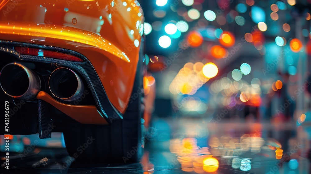 A close-up shot captures the stainless steel exhaust tip muffler pipe of a sports car, with a blurred car showroom in the background, creating a bokeh effect.
 - obrazy, fototapety, plakaty 