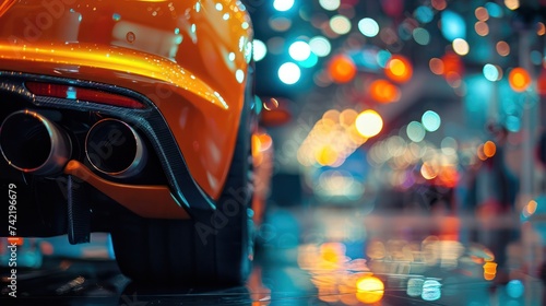 A close-up shot captures the stainless steel exhaust tip muffler pipe of a sports car, with a blurred car showroom in the background, creating a bokeh effect.
