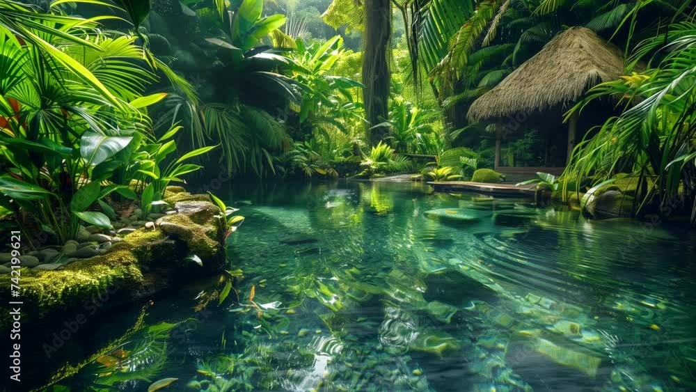 Tropical Forest Haven: Serene River and Wooden Cabin. seamless looping 4k time-lapse animation video background Tropical Forest Haven: Serene River and Wooden Cabin. seamless looping 4k time-lapse animation video background