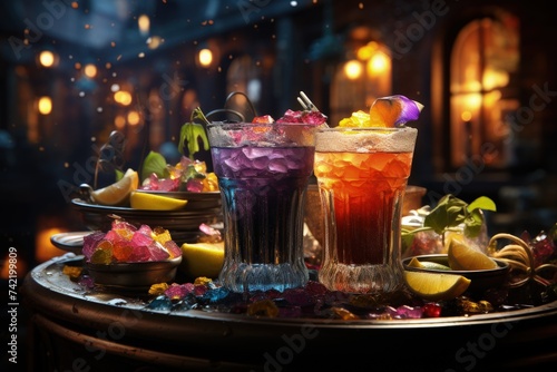 A festive Mardi Gras scene with colorful drinks