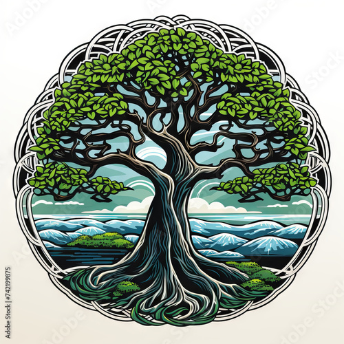 Circular Tree of Life Illustration with Celtic Knot Border

