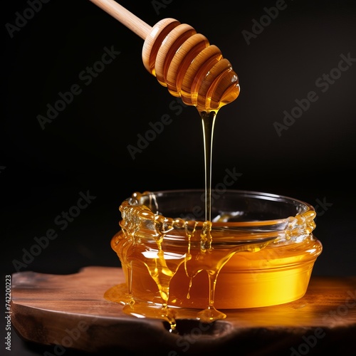 Close-up honey flowing from the wooden dipper. A Close-Up Journey of Honey Flowing from the Wooden Dipper
