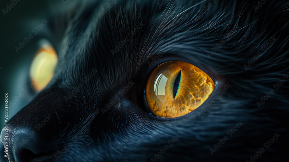 A macro shot of a Black cat's eye revealing intricate details and vibrant colors
