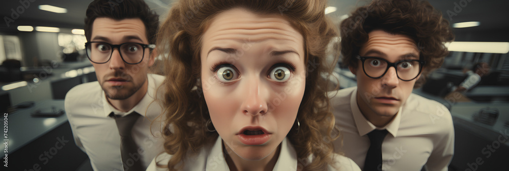 Quirky and eccentric office workers - skeptical doubting expressions - open office - low angle shot Quirky and eccentric office workers - skeptical doubting expressions - open office - low angle shot