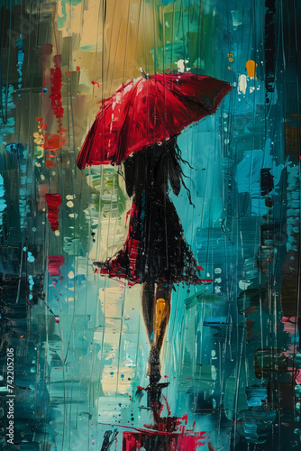 Rainy Day Solitude - Woman with Red Umbrella