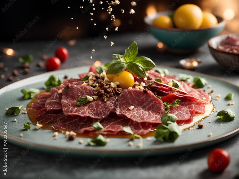 Beef carpaccio, thin slices of ultra-fresh raw beef garnished with arugula and drizzled with vinaigrette. Italian cuisine