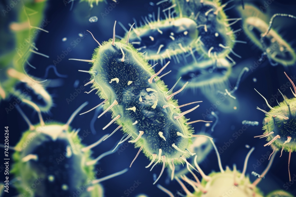 Macro Close-up Group of Germs and Bacteria in Water Disease Medical concept background. Generative AI Macro Close-up Group of Germs and Bacteria in Water Disease Medical concept background. Generative AI
