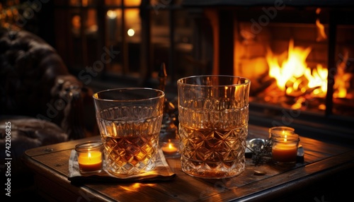 A cozy fireplace setting with a glass of brandy