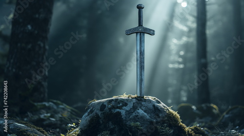 Sword King Arthur Excalibur in a stone in the forest, a ray of light reflected on the sword photo