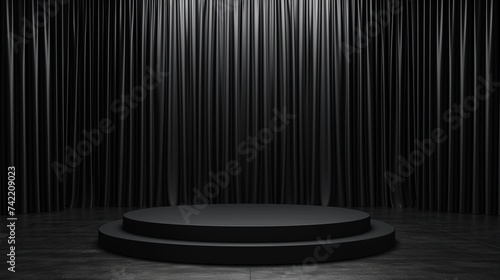 Elegant black product platform on a dark stage with black curtain