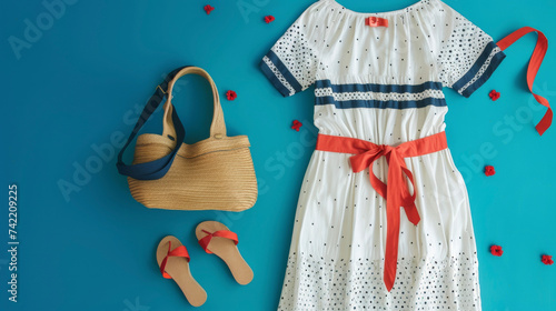 A white eyelet s with navy blue ribbon detailing and a red waist belt paired with woven wedges and a straw tote bag for a e and summery nautical outfit. photo