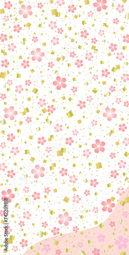 桜の花と金箔紙吹雪の和風背景/縦長/桃色・金