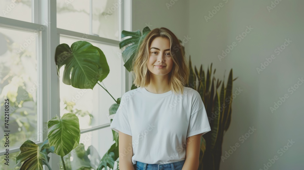 a woman standing indoors wearing a plain white T-shirt and distressed blue jeans. a woman standing indoors wearing a plain white T-shirt and distressed blue jeans.