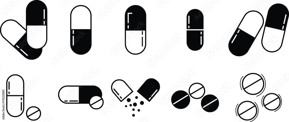 Set of Capsule glyph Pill icons. Medical capsule pictogram isolated on transparent background, soft gel capsule icons in flat styles. Medicament and pharmaceutical symbols. medical designs elements. - obrazy, fototapety, plakaty 