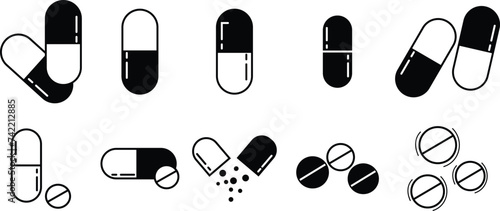 Set of Capsule glyph Pill icons. Medical capsule pictogram isolated on transparent background, soft gel capsule icons in flat styles. Medicament and pharmaceutical symbols. medical designs elements. photo