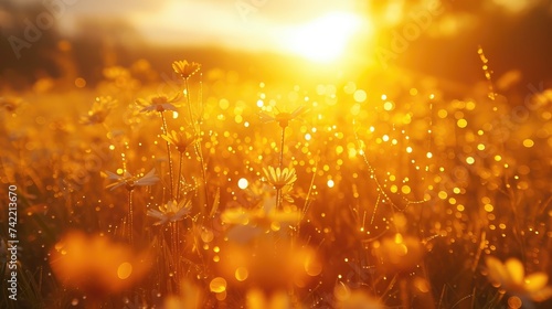 Bathed in the warm glow of the setting sun  wildflowers shimmer with dew drops  adding a touch of magic to the scene.