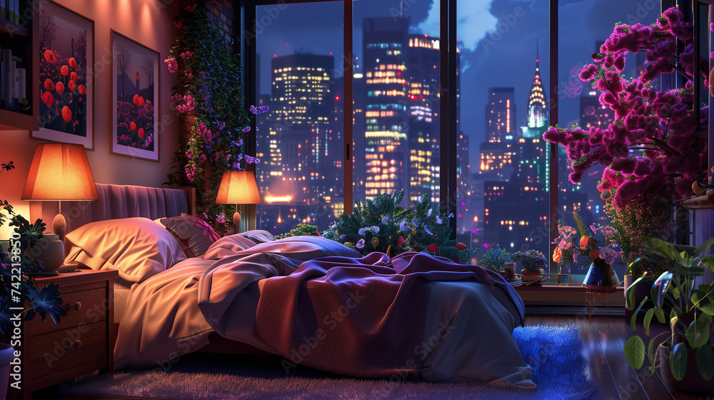 Cozy Bedroom Overlooking Vibrant City Night