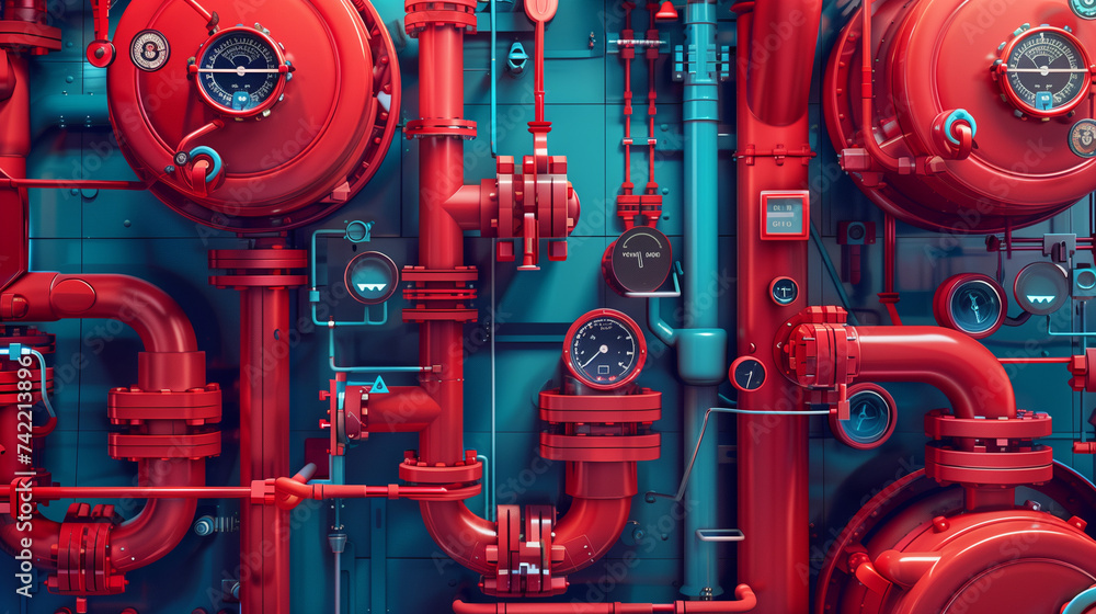 Obraz premium Network of Red Pipes and Valves in Room With Blue Walls